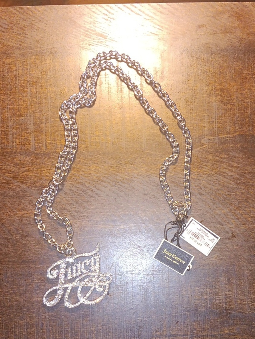 Juicy Couture Silver-Tone Script Logo Necklace with Rhinestones